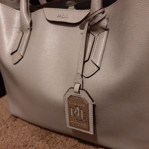Ralph Lauren Large Leather Satchel purse, gray, 2